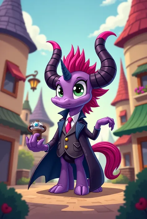 Create Discord  ( character from My Little Pony as a banker in a town,  I want it to be cartoonish I dont want it to look like the   ( Discord is technically a chimera ,  since it is composed of the body parts of different animals ,  but this term is not u...