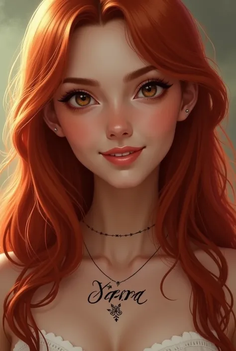 A beautiful young women round face cut and skin tone fair small nose and small light pink lips straight red long hairs and tatoo on our neck written xena smilling position 