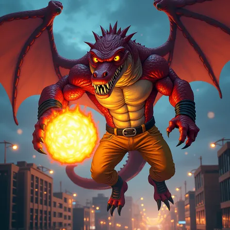  A huge red muscular winged crocodile furry jock with yellow glowing eyes without pupils in black metal bracelets, wearing black boots , wearing yellow jeans holding a huge fireball in his hands above his head flies in the sky over the city at night in car...