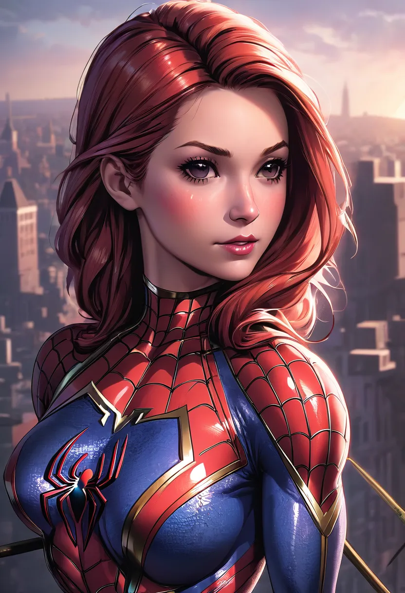 closeup photo portrait of female spiderman, atmospheric scene, masterpiece, best quality, (detailed beautiful face, detail skin ...