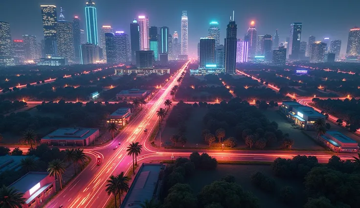 A realistic aerial view of Vice City, full of neon lights, followed by scenes of rural areas and small deserted towns. gta concept