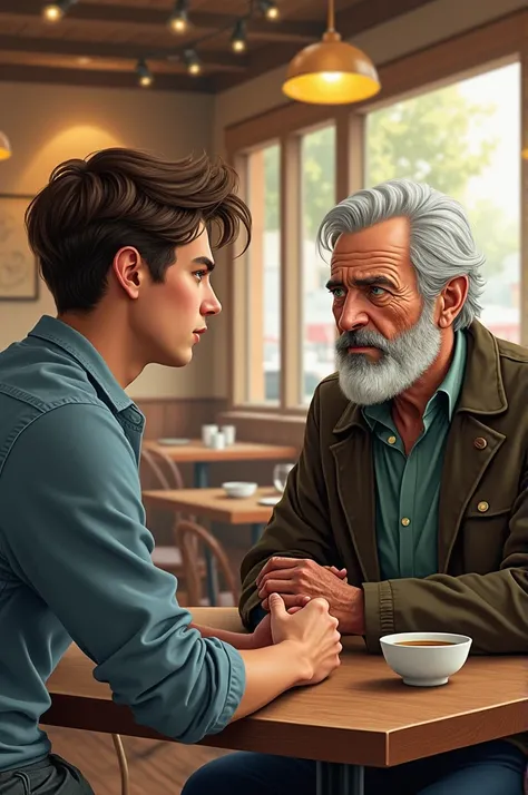  Make a young man with brown hair and green eyes talking to an old man, Background a restaurant ( realistic drawing image )