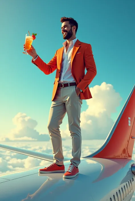 gay man, With a mischievous smile,  with an ice in the poto , standing on the plane 
