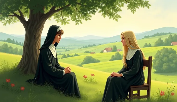 Imagine a pretty, smooth-haired blonde nun woman sitting on a convent chair outside with gorgeous green fields on a hill talking to a handsome priest standing on a sunny day near a tree.. Drawing Format