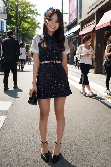 1japanese girl, cute dress, flats, long hair, bang, black hair, hand bag, smile, standing, in street of harajuku, BREAK, (full body shot) BREAK, (masterpiece, best quality:1.4), (8k, raw photo, photorealistic:1.2), ultra high res, detailed skin, detailed f...