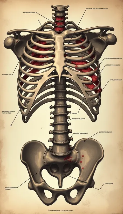 A detailed medical illustration showing fractured ribs and skull injuries, labeled like a 1950s-style forensic report. The image is slightly aged, with a vintage medical textbook aesthetic. Hyper-detailed and realistic textures, 8K quality.