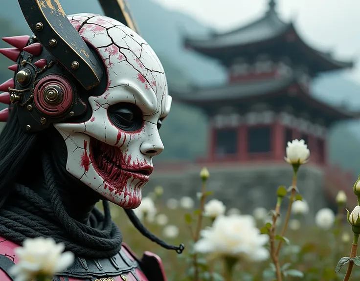 Create a vivid and emotionally charged scene featuring a profoundly melancholic BROKEN PORCELAIN MASK adorned with intricate cracks, crying blood in a somber and gruesome display. The mask embodies the spirit of a MALEVOLENT TRADITIONAL JAPANESE SAMURAI DE...