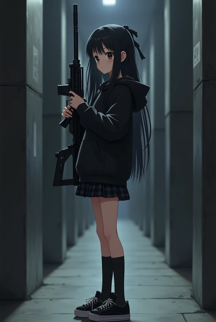  black hoodie with no text , short black plaid skirt,  Im standing with a strand of black hair ,  hair is black and ,  wearing a dark black ribbon, My eyes are dark black and , eyes are small, He is aiming a black sniper rifle in his hand, Short stature, S...