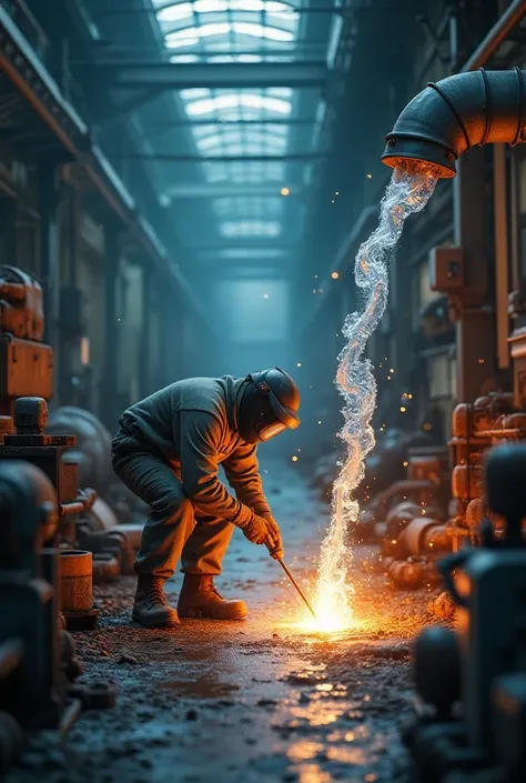 Work floor with a worker welding an animated water pipe

