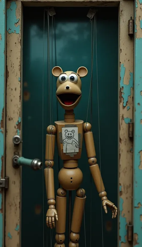 create a scene of a marionette puppet with a like drawing of Fozzie Bear taped to its chest, positioned eerily inside an abandoned park ticket booth; aspect ratio 16:9, cinematic suspense