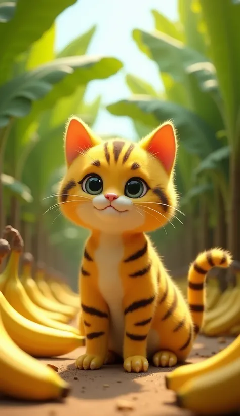 Um gato  amarelo with stripes[fofo] Around bananas
 3d  [with stripes] In the midst of the banana trees  [Put bananas on the floor]