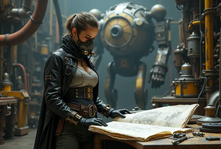  A female engineer in a long leather coat with metal fasteners,  tight pants with multiple belts ,  vest with brass details ,  protective mask with tubes around the neck ,  works with drawings of a giant robot ,  around massive gears and tubes , dim lighti...