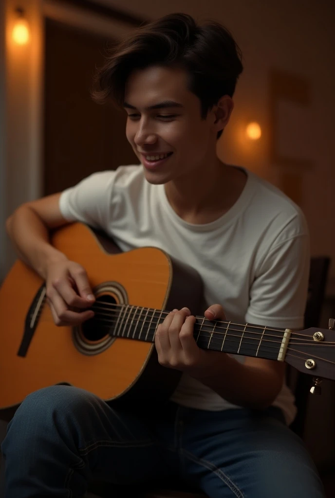 A young man is playing an acoustic guitar 