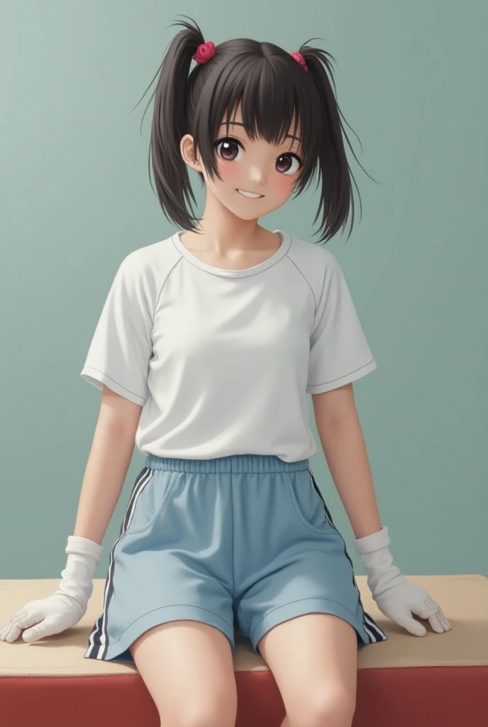 Japanese teenage woman sitting in a vaulting box,Light blue shorts,( small ass ),White short-sleeved gym uniform, portrait,Model,Rear view, white high socks ,Indoor shoes, twin tails,  clenches teeth, 