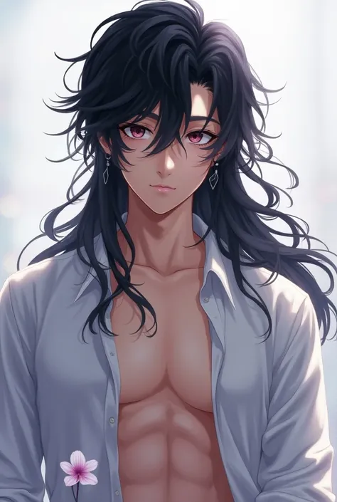  Beautiful boy with long wavy black hair, open shirt showing muscles , anime