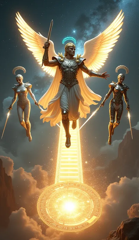 Prompt:
A spectacular fantasy scene featuring Hermes, the Greek god of communication and speed, standing on a luminous bridge of golden light suspended in the cosmos. Hermes wears radiant silver and gold armor, etched with glowing patterns of stars and win...