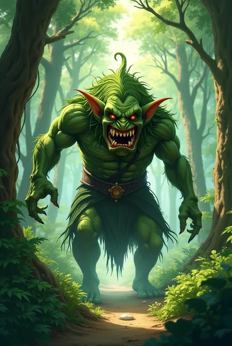 forest、 anime style, A green evil goblin gushes out from behind the trees