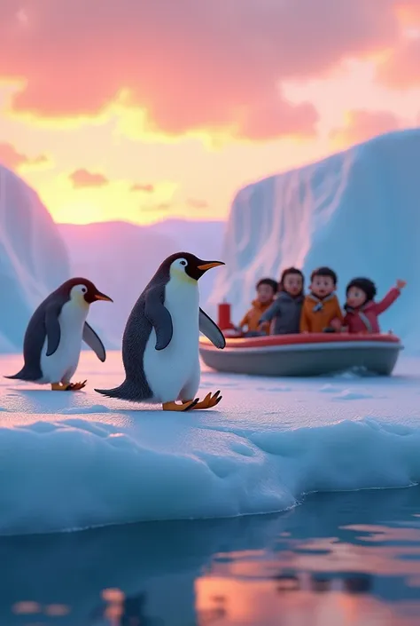  Penguin descending from a small boat on the glacier,  While your friends , including Lila ,  rush to receive it ;  the sky is tinged with sunset tones ,  and the ice glows softly ,  in Pixar 3D style with emotive touches ."
