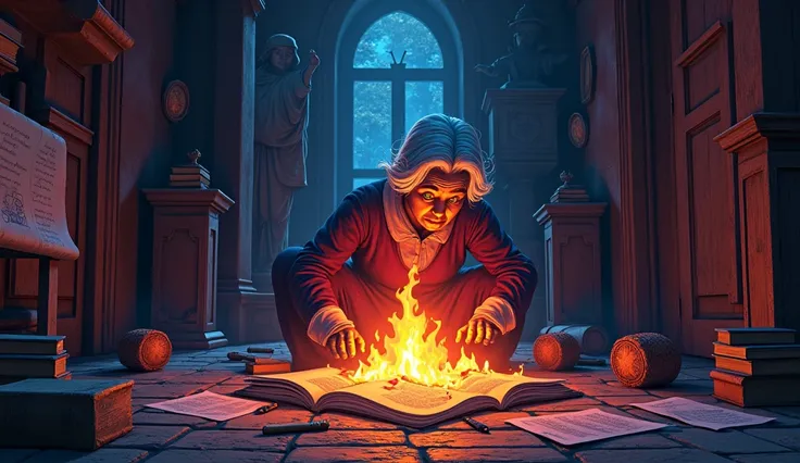 An old woman setting fire to manuscripts on the floor, woodcut art,dreamy, Cinematic,mind bending, realistic cartoon art, majestic, Chalk art, ultra wide-angle, 2d platformer, lo-fi, sprite sheet, ultraviolet lighting, Super detailed,photorealistic materia...