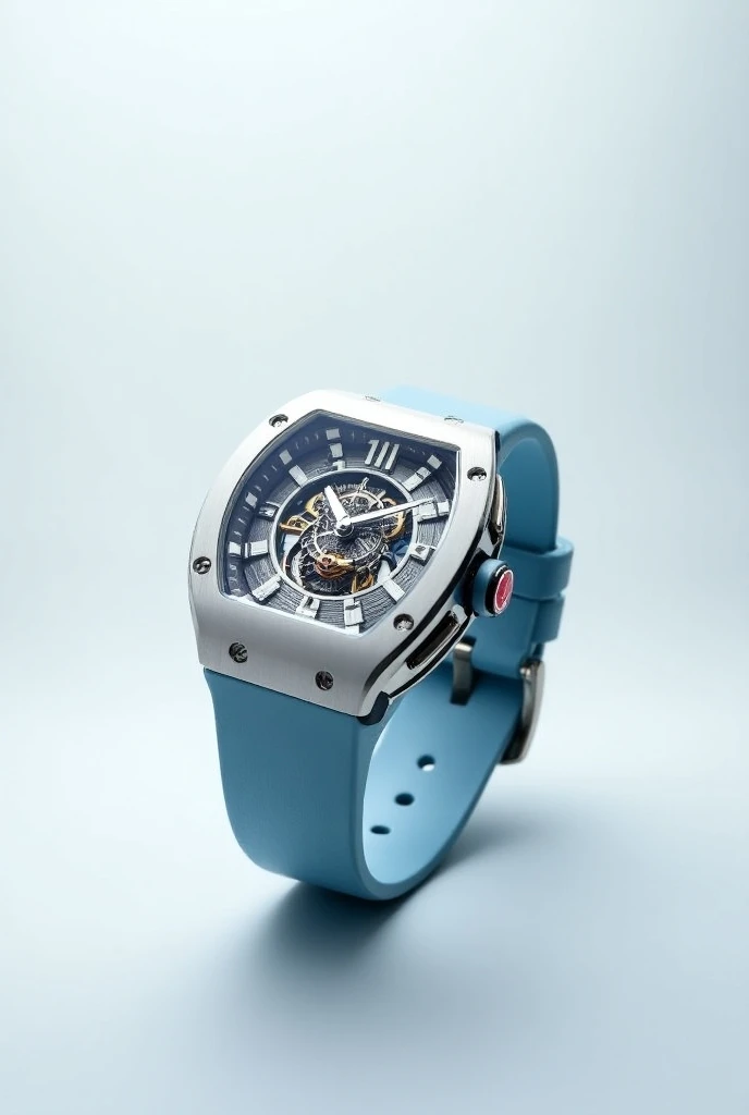 Please design me a watch In Richard mille Rm 65 modern proposion and brand name "Autrion by silver group" crest, also should have a luxury tourbillion inside standard with a strap of light blue the inside color should be white with Silver Group 