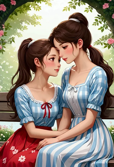 an idyllic image in anime illustration style of two beautiful women very much in love, one is a beautiful Asian woman with fine and delicate features, long dark hair, dressed in a beautiful and simple white dress with a print of delicate pink and red flowe...