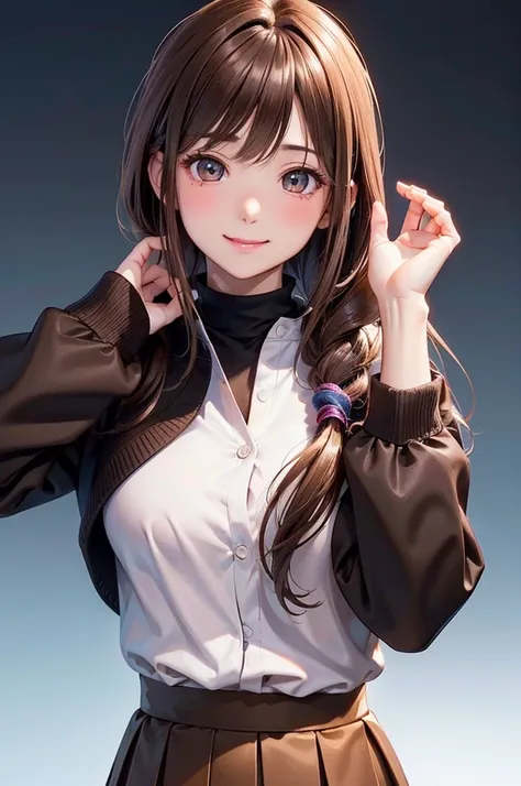 ( best quality, high definition ,8k,inelity detailed background, masterpiece :1.2), pretty girl,(Shiny brown hair:1.3),(long hair:1.2) ,pony tail, Beautiful Brown Eyes ,autumn,school uniform,black cardigan,skirt,black tights,(zettairyoiki:1.2),Gentle look,...