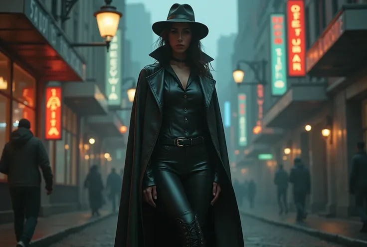  A female detective in a fitted suit with a vest ,  long leather cloak with raised collar ,  fedora with metal band ,  high lace-up boots,  stands under a street lamp in a foggy art deco city, neon signs --ar 16 :9