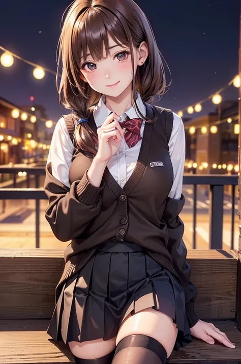 ( best quality, high definition ,8k,inelity detailed background, masterpiece :1.2), pretty girl,(Shiny brown hair:1.3),(long hair:1.2) ,pony tail, Beautiful Brown Eyes ,autumn,school uniform,black cardigan,skirt,black tights,(zettairyoiki:1.2),Gentle look,...