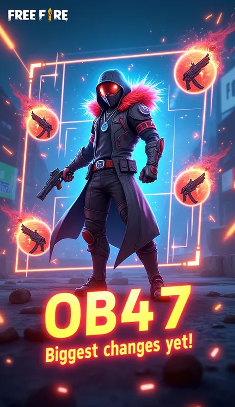 ### **4K Thumbnail Design for OB47 Free Fire Update**  

**Background:**  
- A dynamic, action-packed battleground scene with glowing neon accents to highlight the futuristic OB47 theme.  
- Include elements like a cyberpunk-style cityscape or an arena to ...