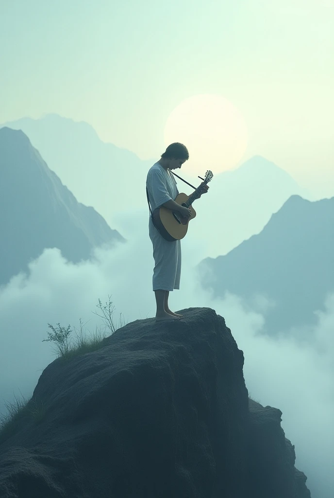 Guitar in left hand flute in right on a mountain with clouds head bowed