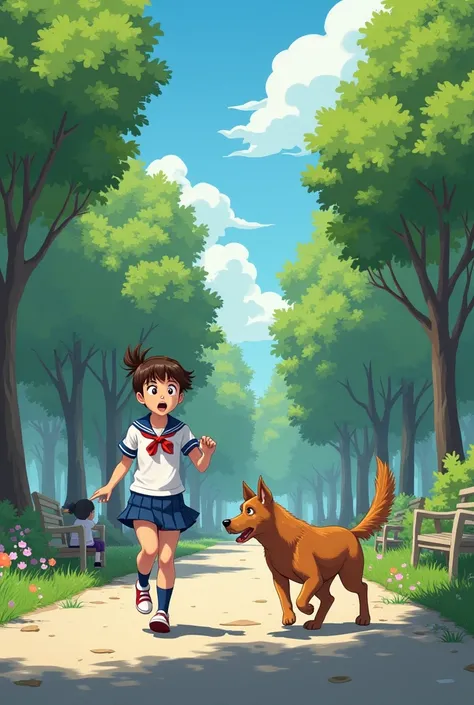 A quick of the school girl calling out her dog , at the park because she spotted the dog with the weird stranger , and that stranger found her dog. 
