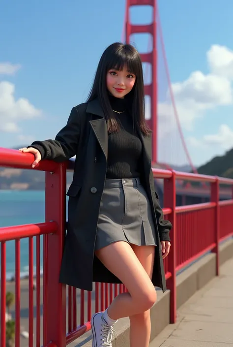 Woman 30, long straight black hair, wearing short grey school girl skirt with black sweater and black short trench coat with white converse high sneakers with white short socks. Leaning and posing at red tube low metal fence. With San Francisco’s Golden Ga...