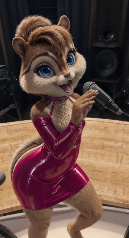 Brittany _miller, one,chipmunk,  in the recording studio ,small microphone at the mouth , sings a song,  in a beautiful shiny tight dress, стоит  art, body and hand gestures , High detail ,  anatomically accurate ,  Super Detail, 8k,  best quality ,  must ...