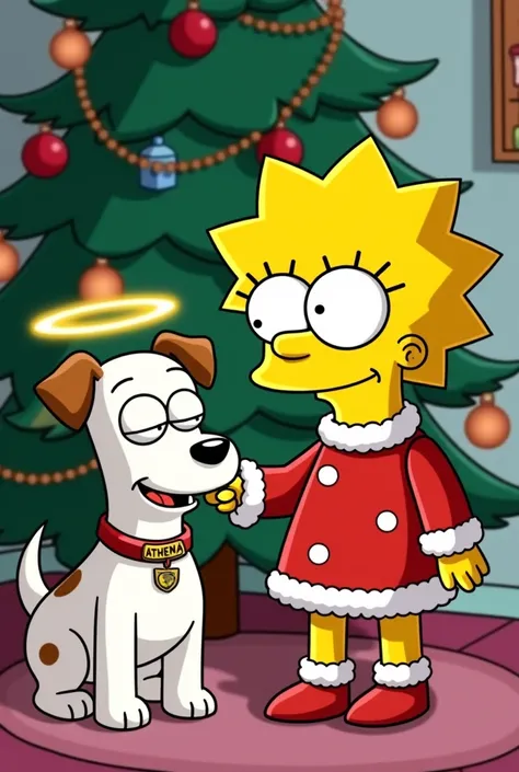  Lisa Simpson wearing a Christmas outfit next to the tree with a white Jack Russell Terrier dog with brown spots around her eyes, Halo and a necklace around her neck that says Athena . Animated like the Simpsons  