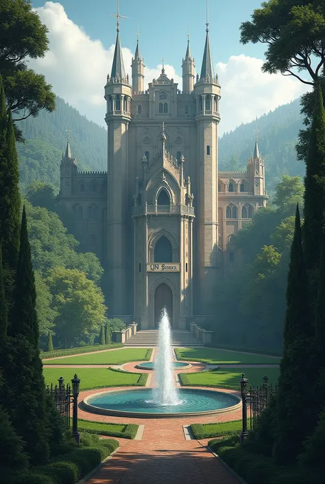 Create a gigantic palace with ancient details, a large door behind it, a huge forest in the front, a garden with a giant fountain, the old colors of the medieval era, its outdoor area is gigantic and it is like a school, it has a sign on the gate that says...