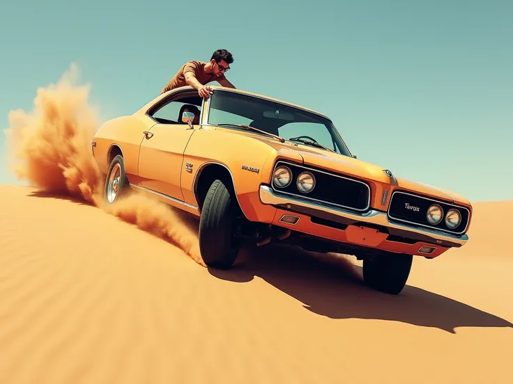 "The car crests a dune, launching briefly into the air before landing smoothly. The man adjusts the wheel expertly to maintain control, while the woman pulls a pistol from a hidden compartment, preparing for the inevitable confrontation."