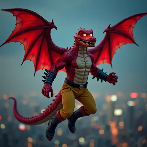  A huge red muscular winged crocodile furry jock with yellow glowing eyes without pupils in black metal bracelets, wearing black boots , wearing yellow jeans ,  with an infinity glove on his left hand flies in the sky over the city at night