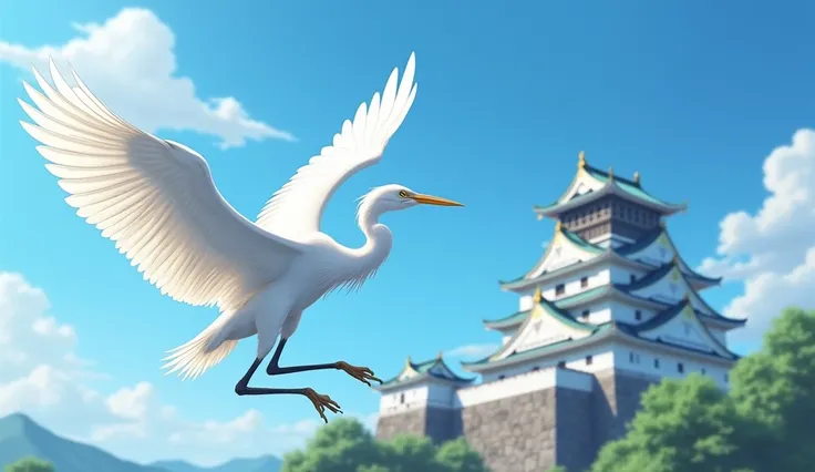 A picture of a white heron dancing in the sky of Himeji Castle in Japan