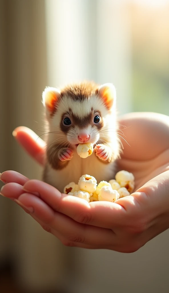 A scene where a miniature ferret in the palm of your hand is eating popcorn. The ferret has an adorable expression on its face as it picks up the popcorn with its tiny hands and happily bites into it. The background is a bright room with soft natural light...