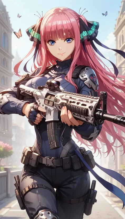 ultra-detailed, 1girl, mature female, nino nakano, ((masterpiece)), (best quality), (highres), 16K, perfect face, long hair, bangs, blue eyes, hair ornament, hair ribbon, pink hair, blunt bangs, two side up, butterfly hair ornament, wearing tactical clothe...