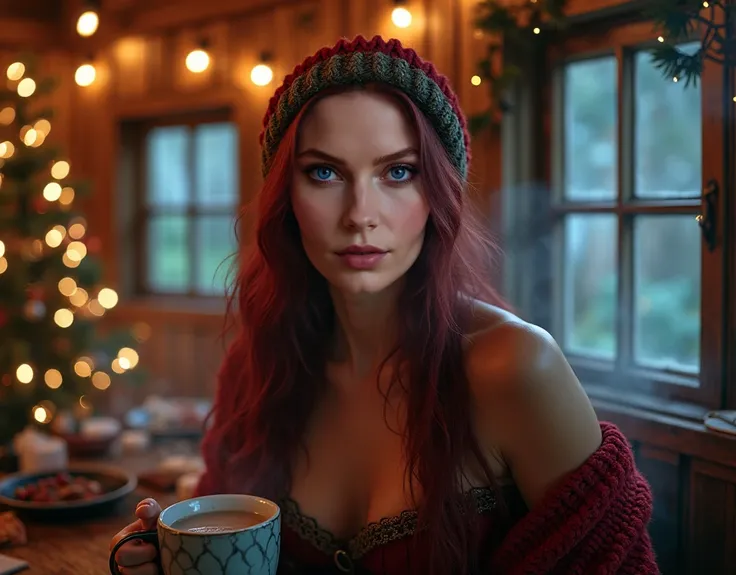 masterpiece, photorealistic, hyper-realistic, ultra realistic, realistic professional photo of extremely beautiful and sexy Viking woman with striking features, like Porcelain skin, intense navy blue eyes, full plump blush pink lips, long deep wine red hai...