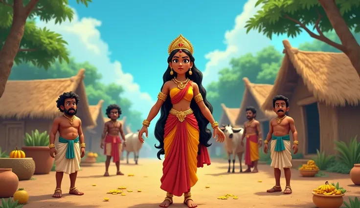 An animated scene of a rural Indian village featuring traditional huts surrounded by trees and greenery under a clear blue sky. In the foreground, a goddess figure with golden ornaments and a crown is depicted with an angry expression, wearing traditional ...