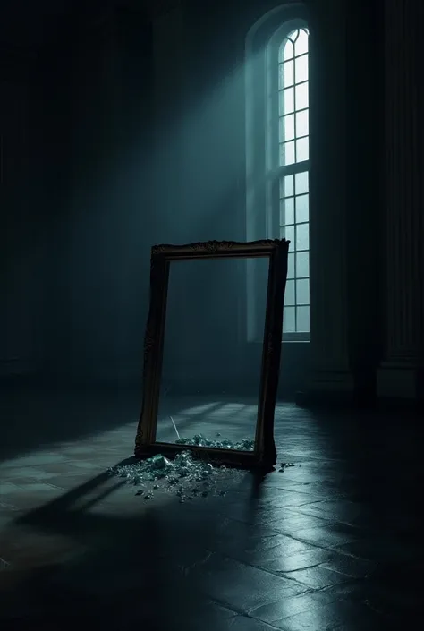 Very clean fancy art gallery at night, after business hours, broken glass, single painting frame empty, dramatic moonlight through windows, noir detective style, high detail, moody shadows