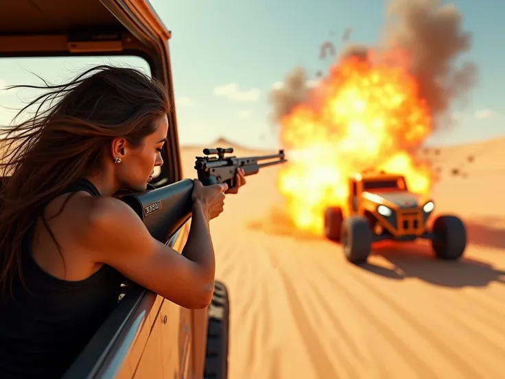 "The woman leans out of the window, her hair whipping in the wind, and fires a precise shot at the nearest dune buggy, sending it spiraling into the sand in a fiery explosion."