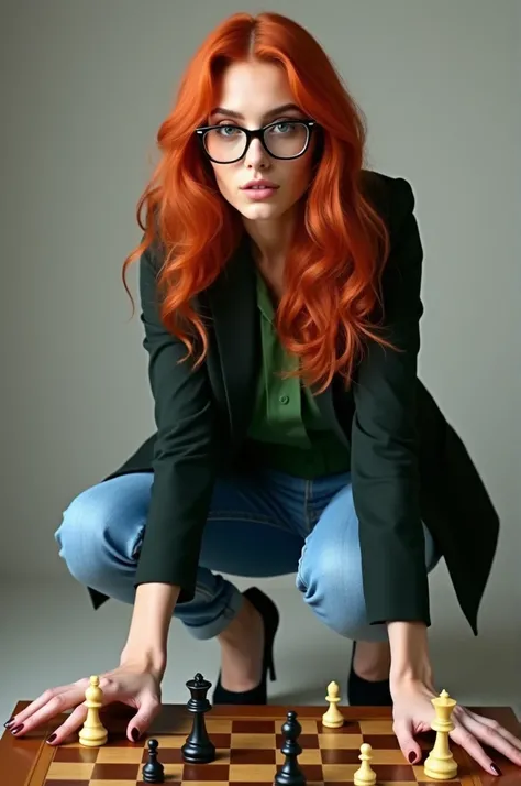   Create for me the orientation image full body portrait of a red-haired woman wearing glasses.   She wears blue jeans  ,   a green shirt and a blazer   ,  high heel shoe  . playing chess 