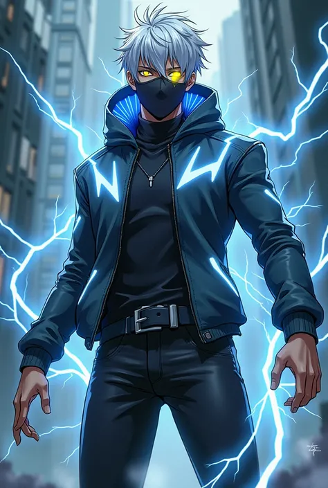 An anime-style male human character with silver hair a yellow eye wearing a futuristic high-tech costume a hoodie with lightning symbols with a black boot a black pants.He has the power of lightning .He wears a mask 