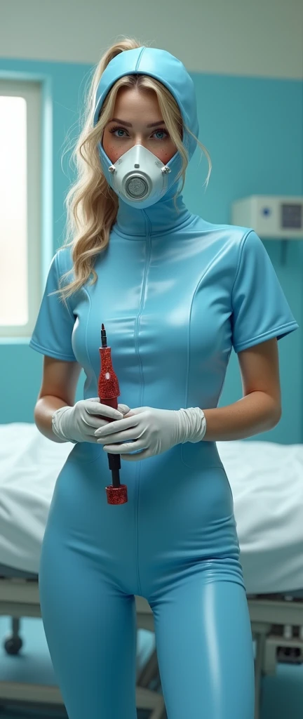 highly detailed) Hot young tennage girl is wearing tight light blue latex suit nurse with sleeves she has blond wavy hair freckles and her ass is bigger her brest is big HD real photo 8K she is fit her waist is slim she is looking very young her brest is v...