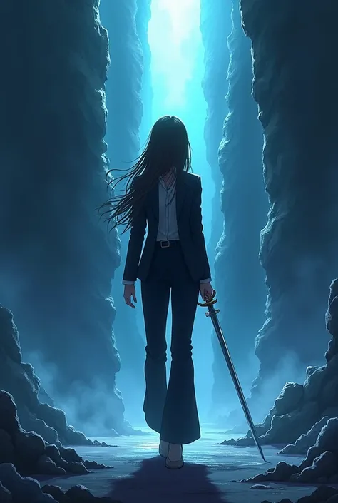 Make a book cover with the title "Beyond the Abyss ".  with shadows in the background and a single shadow of a woman in the middle wearing a suit, a pair of pants and a blouse and holding a sword . In anime format 