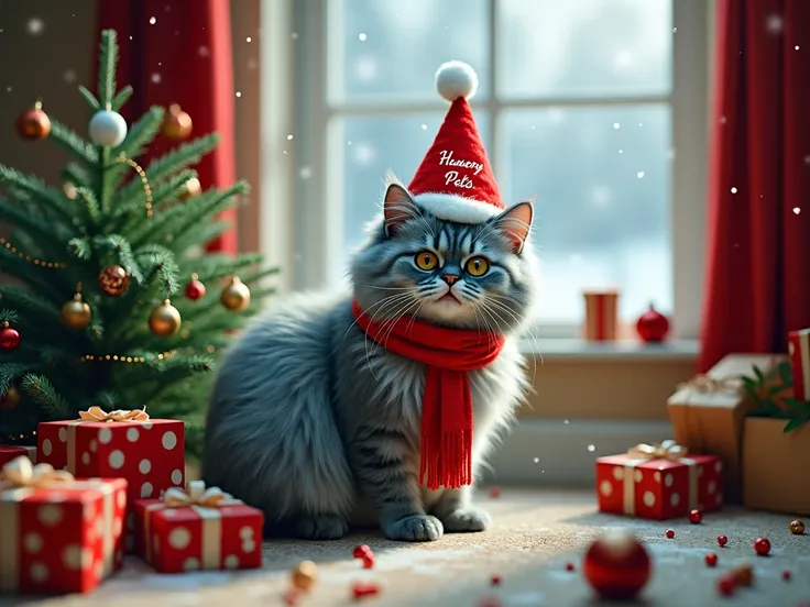 A Persian cat with fluffy fur in shades of light blue and dark blue, with hints of green, inspired by Sullivan and the Grinch. The cat is wearing a bright red scarf that contrasts with its fur and a festive red Santa hat embroidered with the phrase Hungry ...