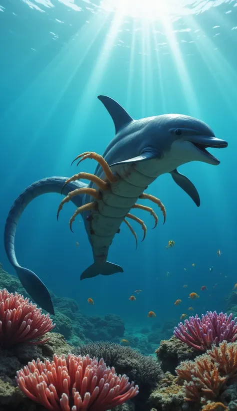 " A hybrid creature that combines the characteristics of a dolphin and a scorpion ,  living on a submerged coral reef .  Its head is that of a dolphin ,  with intelligent eyes and an enigmatic smile ,  while the torso is human and muscular ,  exhibiting aq...